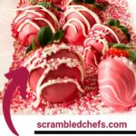 Pink chocolate covered strawberries on tray