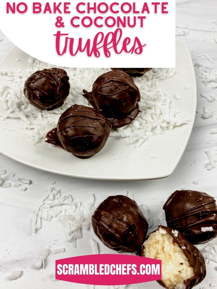 Chocolate coconut truffles on whiteplate
