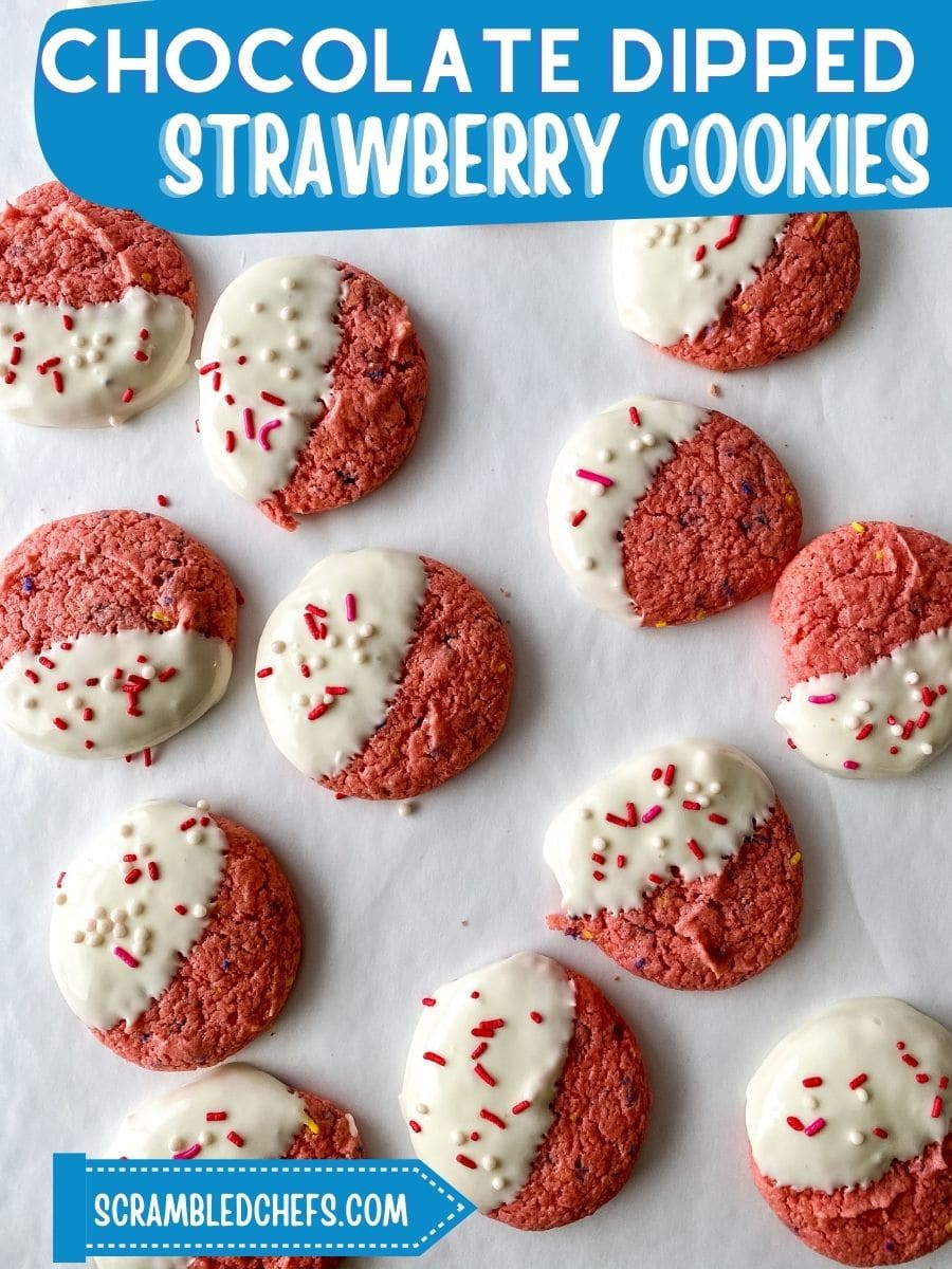 Dipped strawberry cookies on tray
