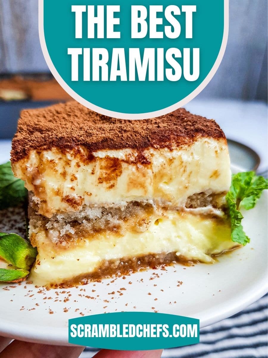 Slice of tiramisu on white plate