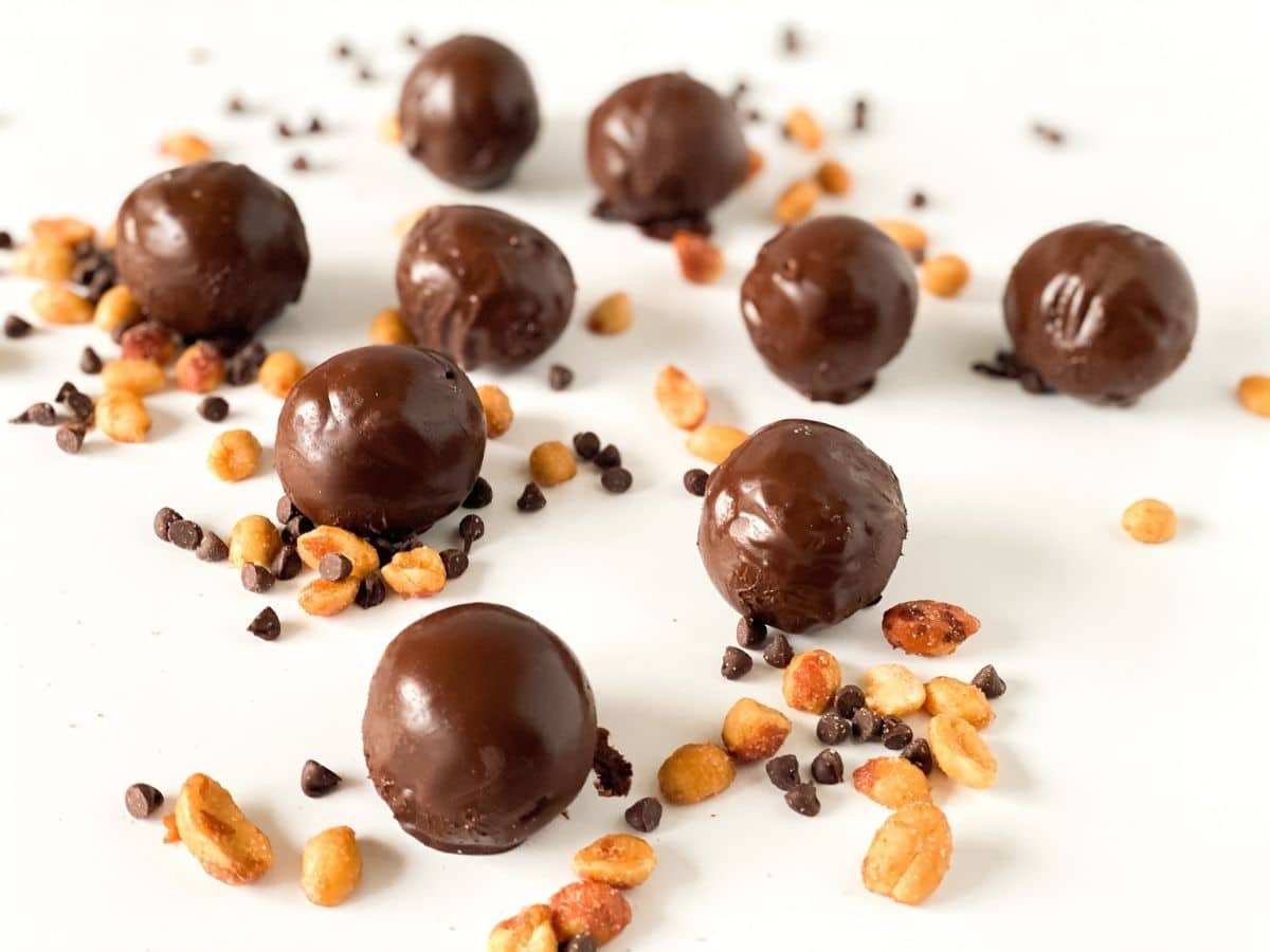 Chocolate peanut butter balls on table