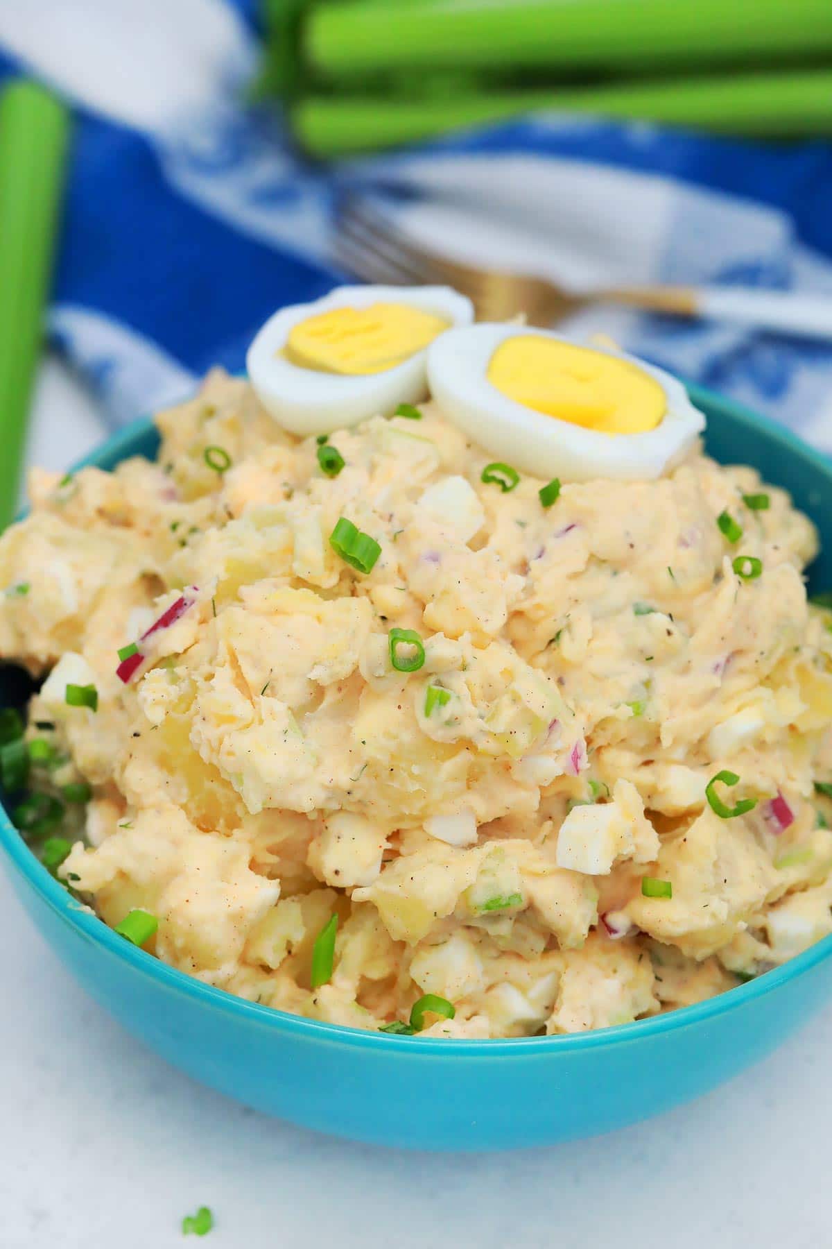 Blue bowl of potato salad