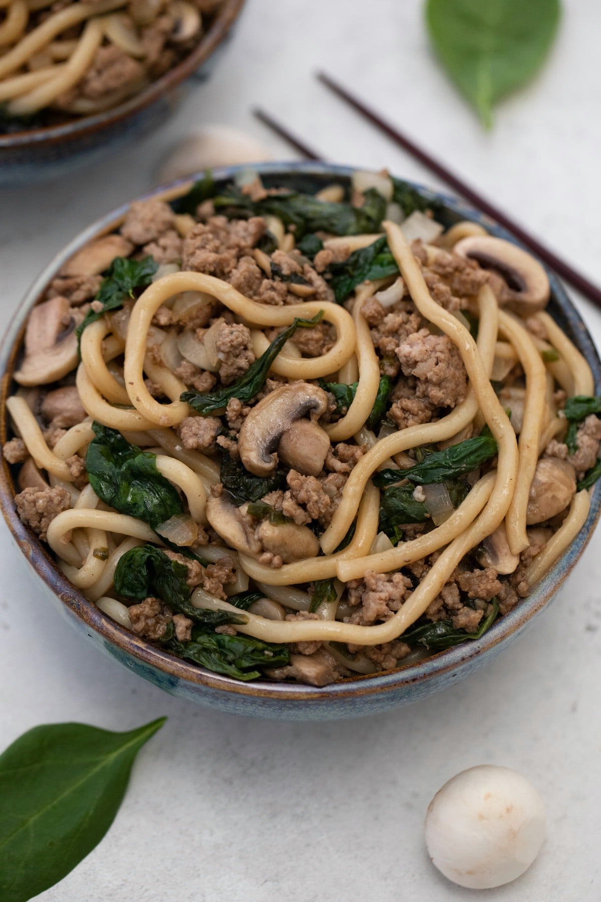 Bowl of udon noodles with ground beef