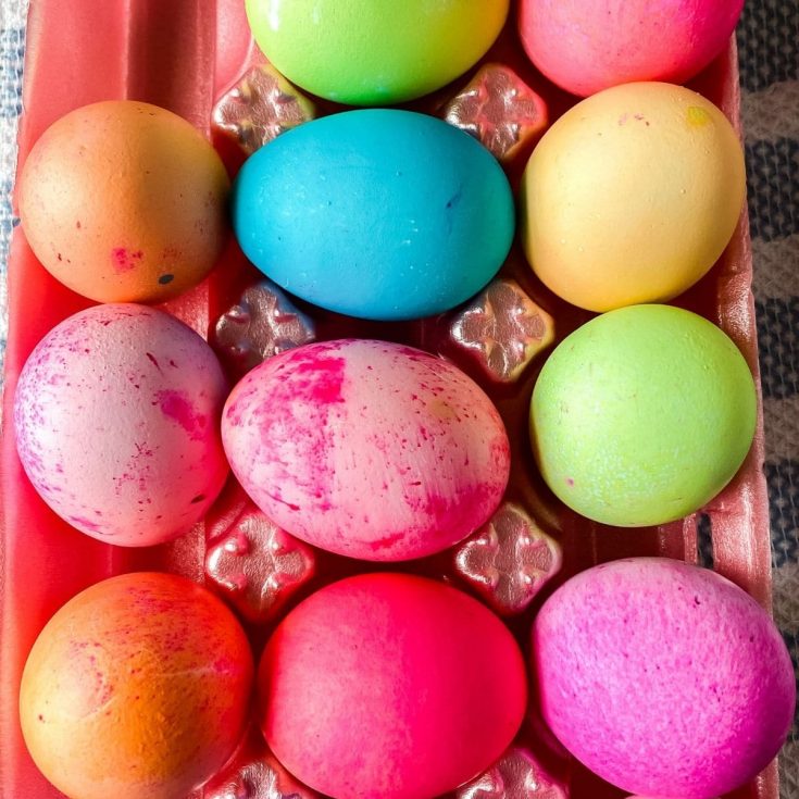Dyed Easter eggs in egg tray