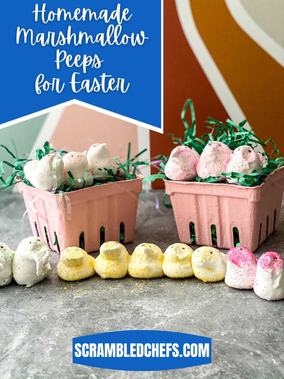 Marshmallows on counter with blue banner saying homemade marshmallow peeps for easter