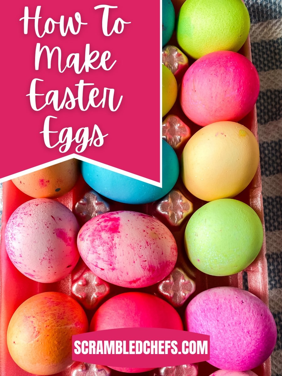 Easter eggs in egg carton with pink banner saying how to make Easter eggs