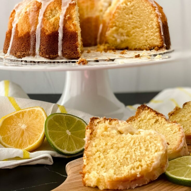 Lemon lime bundt cake on white cake stand