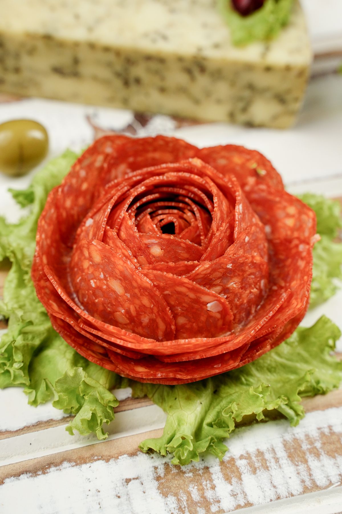 pepperoni rose on bed of lettuce