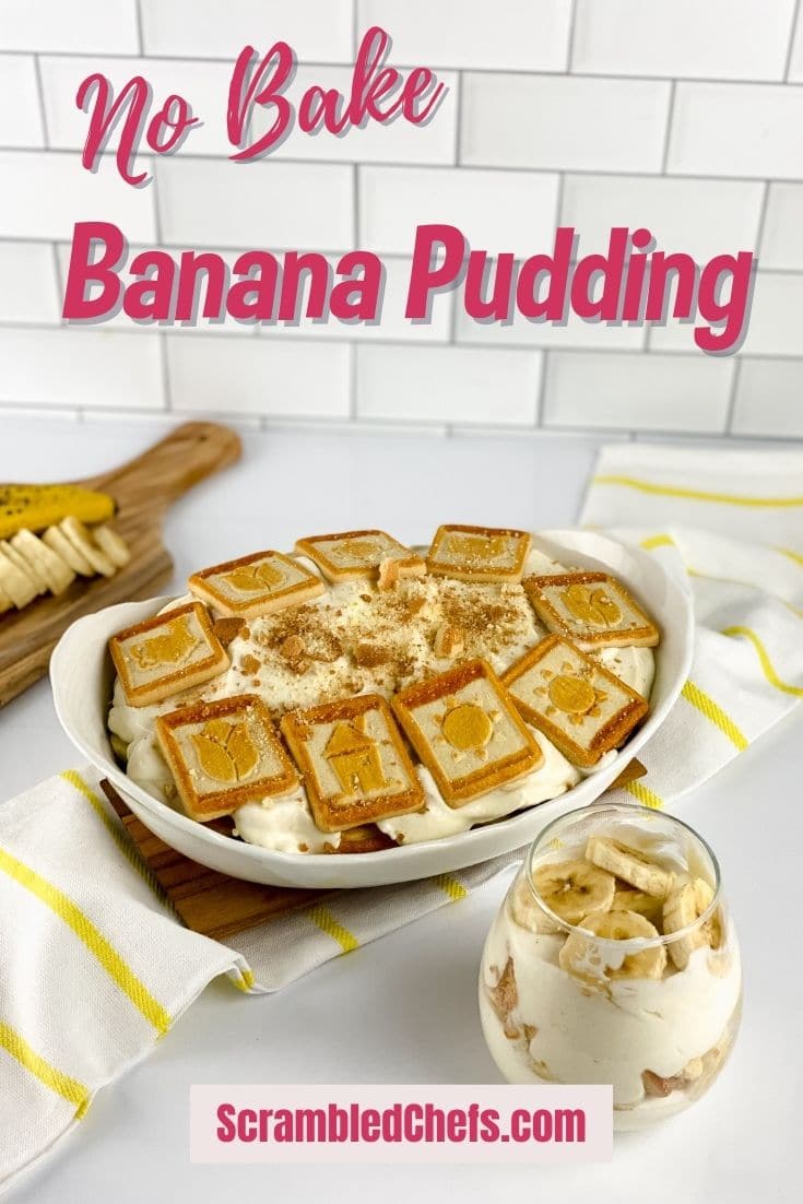 Individual servings of banana pudding in glasses by large bowl