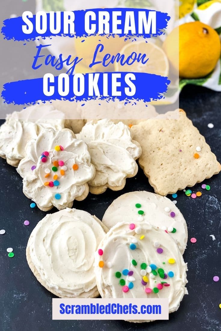 Lemon cookie pin with blue and white words saying sour cream easy lemon cookies