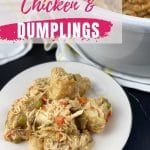 Chicken and dumplings on white plate with pink banner that says slow cooker chicken & dumplings
