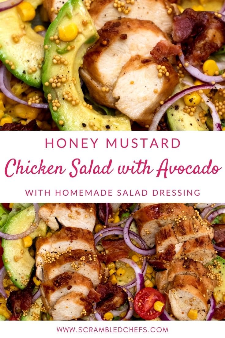 Chicken salad collage image with white banner and pink lettering on middle saying honey mustard chicken salad with avocado