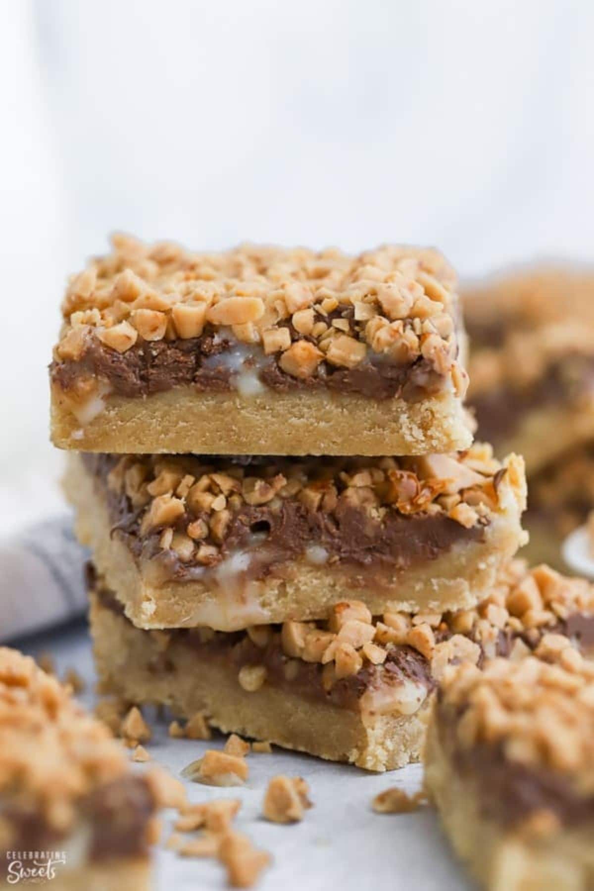 Stack of toffee bars on table