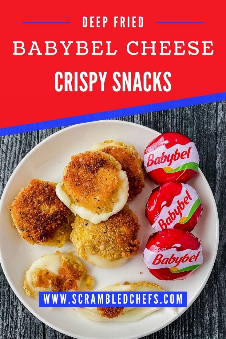 Cheese rounds on white plate with red banner that says babybel cheese crispy snacks