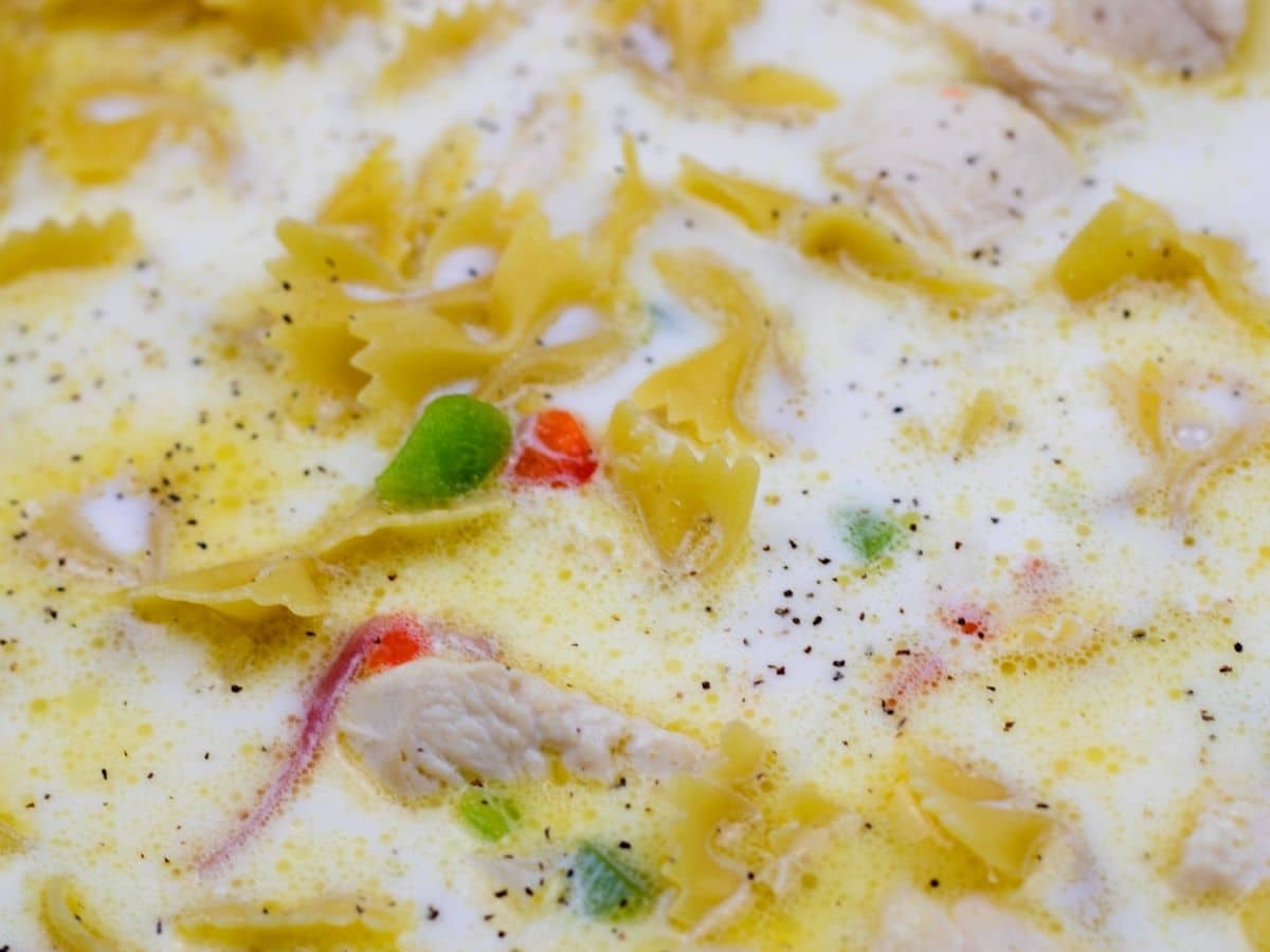 Pasta in pan with milk and vegetables