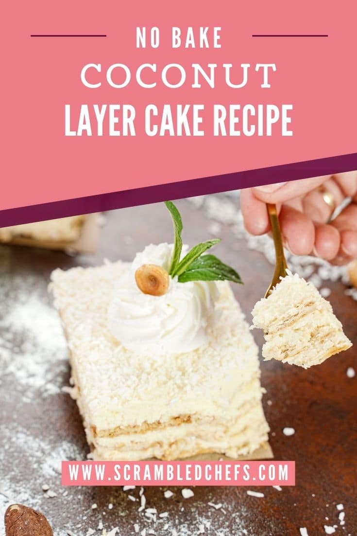 Coconut cake with mint and cream on top on black table with pink banner saying no bake coconut layer cake recipe