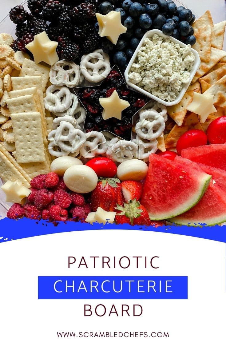 Patriotic charcuterie board image on white banner with blue accent