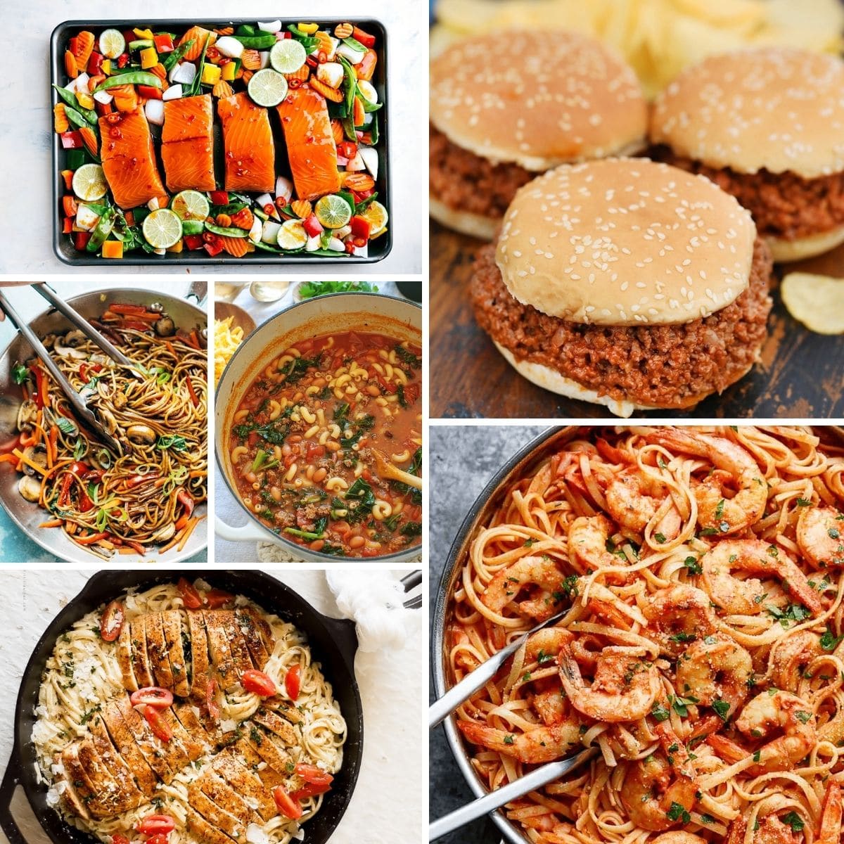 Collage image of foods including salmon on tray sloppy joes and pasta with shrimp