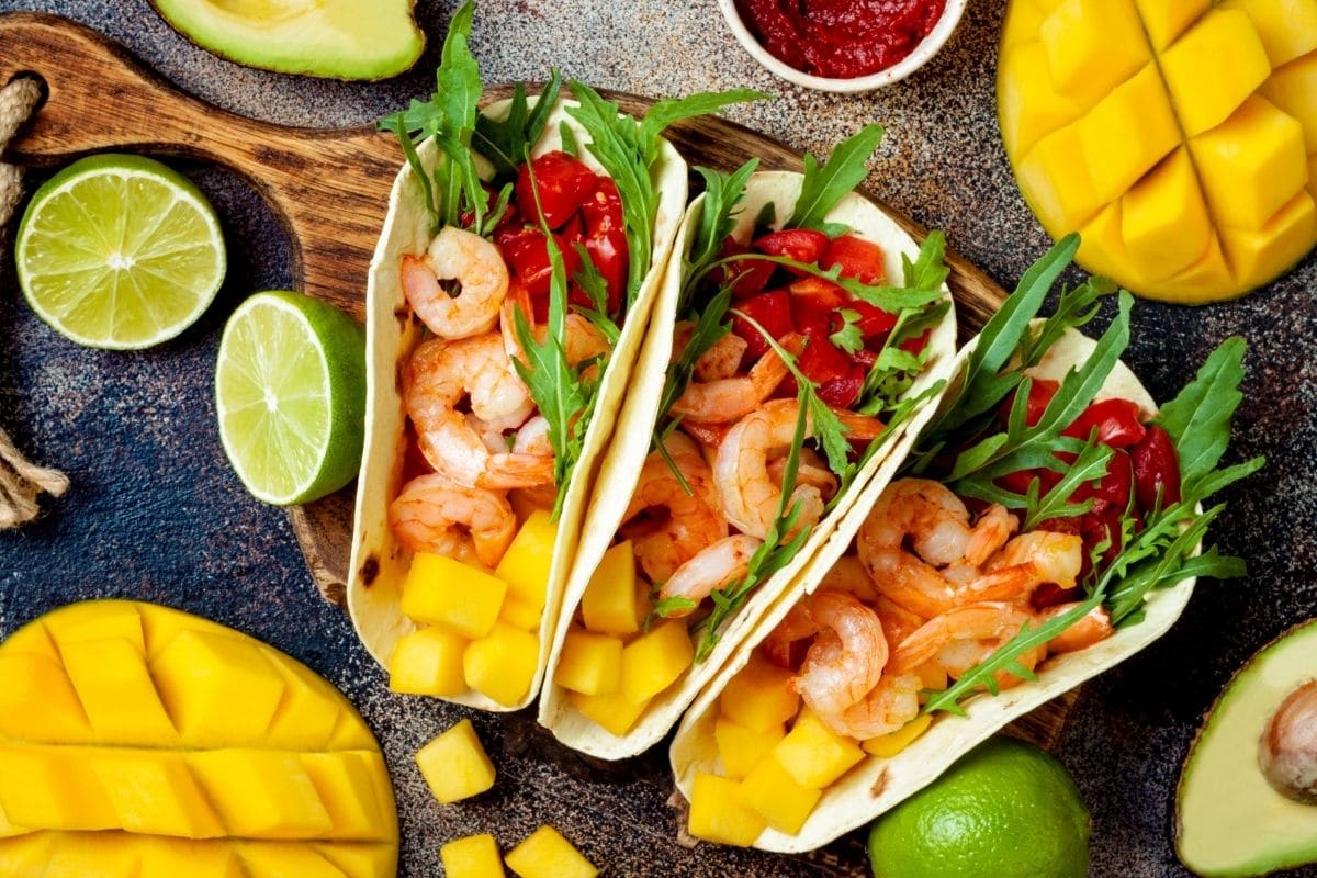 Image of tacos containing shrimp and mango