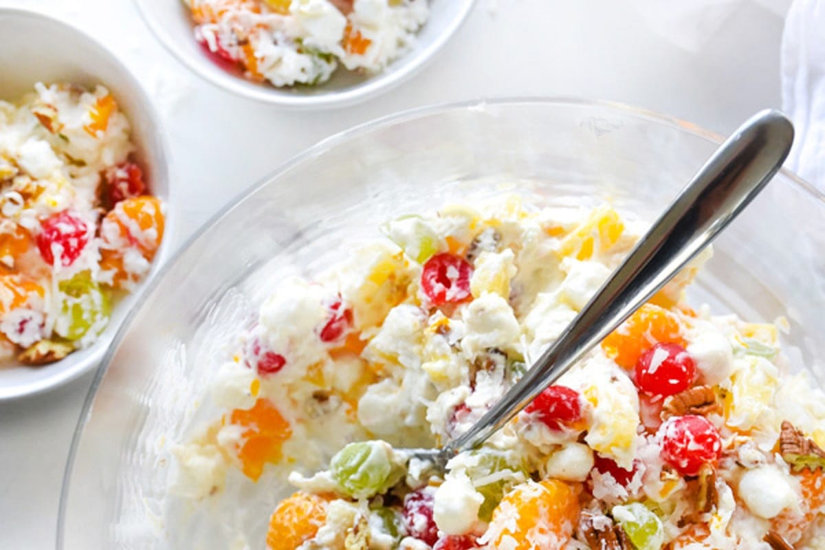 Ambrosia salad with a spoon resting in it