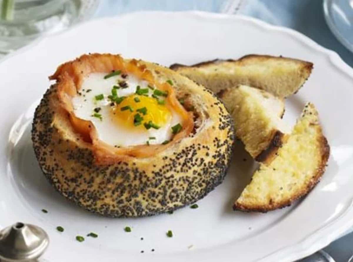 Baked salmon & eggs on a panera bread bowl
