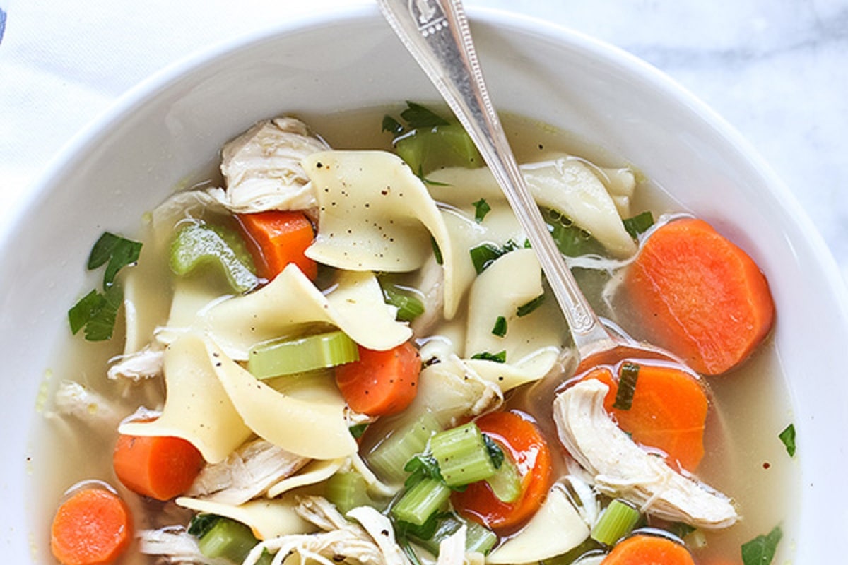 Close-up of a bowl of Chicken Noodle Soup