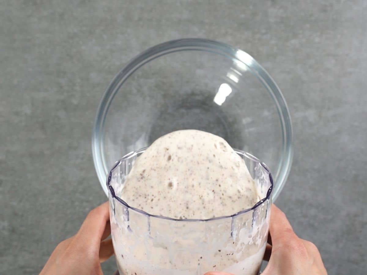 Pouring nice cream into large glass bowl
