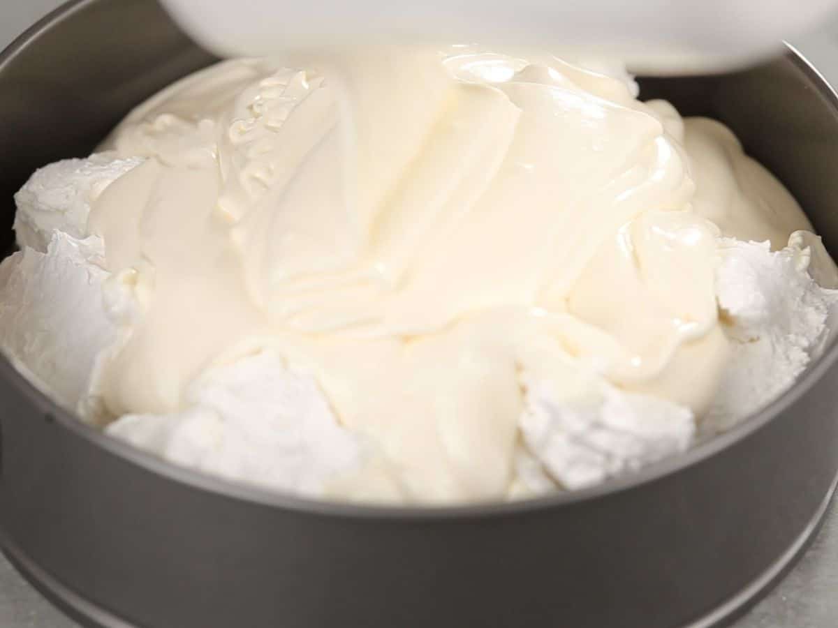 Cheesecake being spread into springform pan
