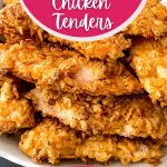 Large white plate of chicken tenders with a pink banner that says crunchy baked chicken tenders