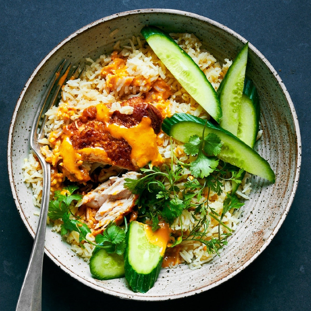 Gingery chicken and rice with peanut sauce in a bowl