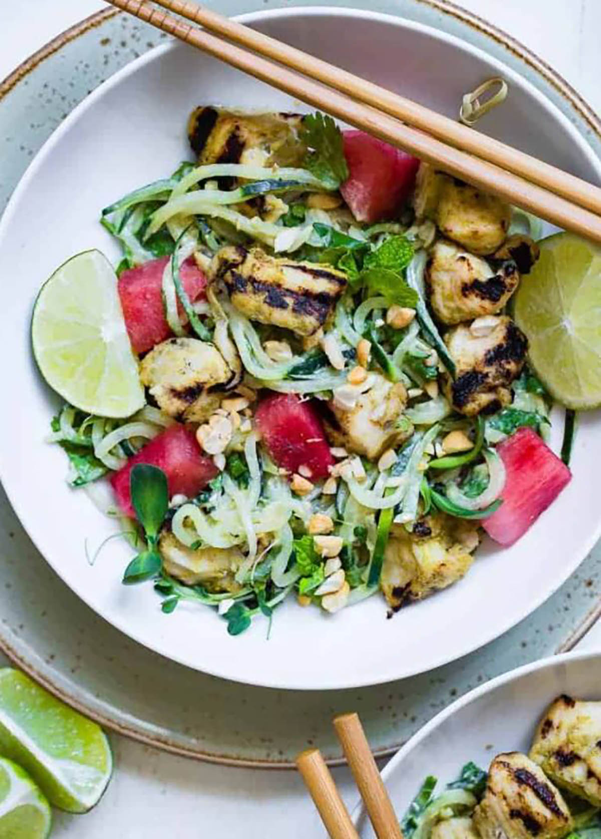 Green Cashew Curry Chicken Bowls with Watermelon