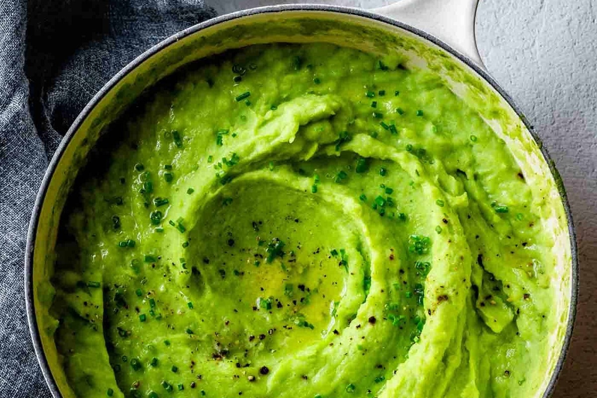 green colored mashed potato in a bowl