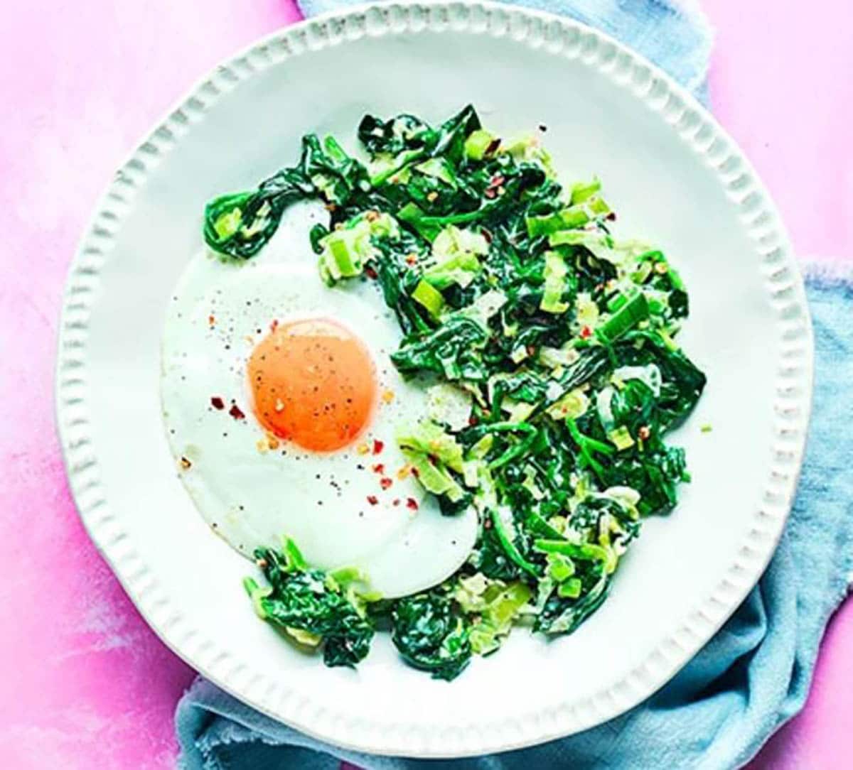 Green Eggs (eggs with spinach, chili flakes, garlic cloves, coriander seeds, fennel seeds and greek yogurt)