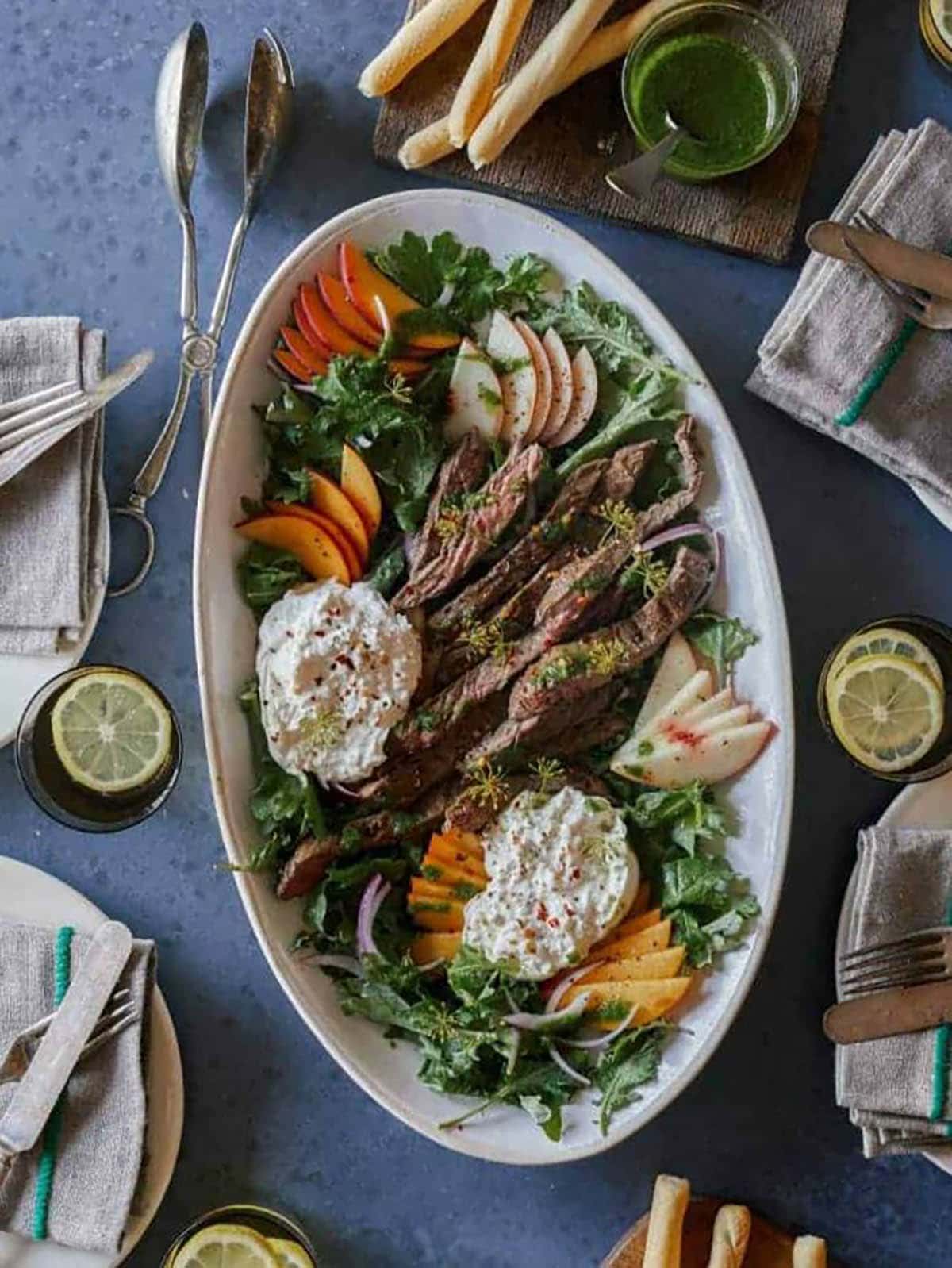 Grilled Skirt Steak with Fresh Peaches and Burrata