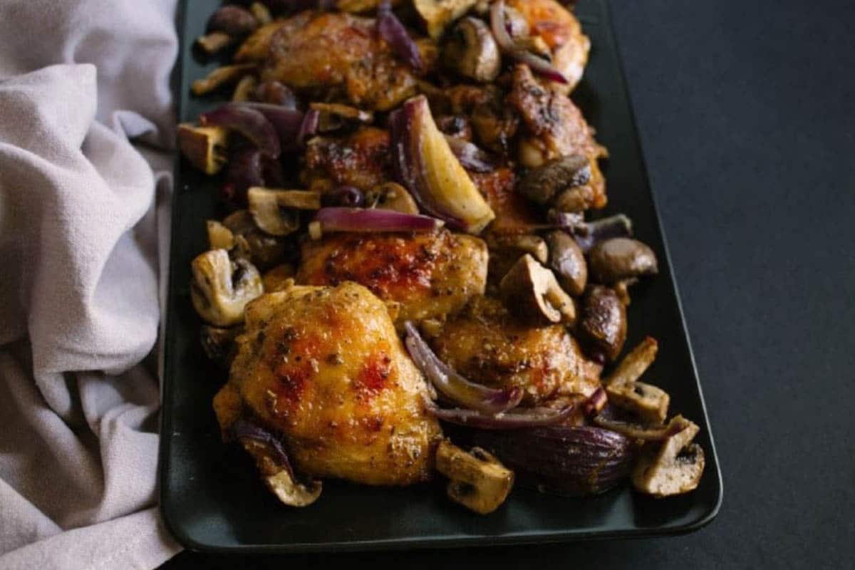 Herbed Sheet Pan Chicken Thighs with Mushrooms and Red onions