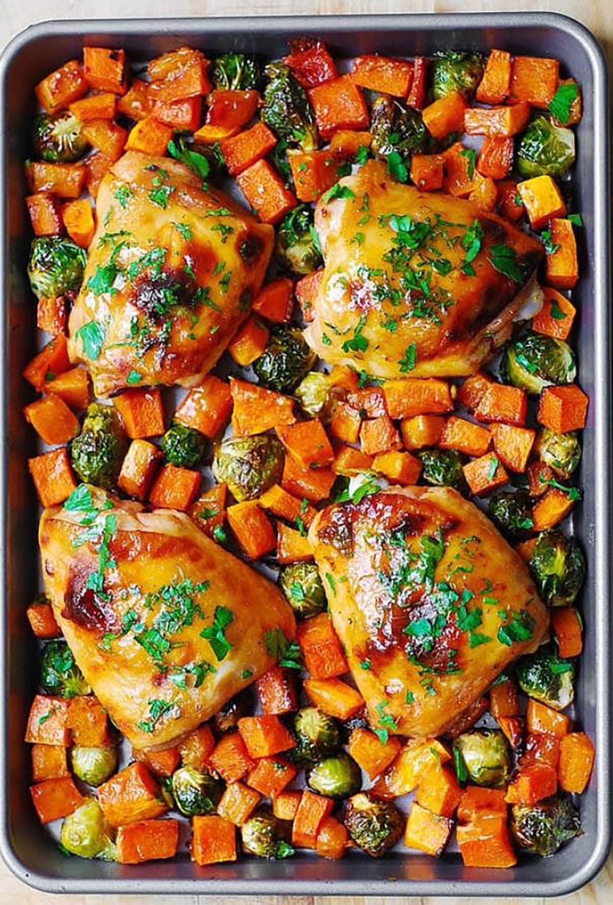 Maple Dijon Chicken with Butternut Squash and Brussels Sprouts