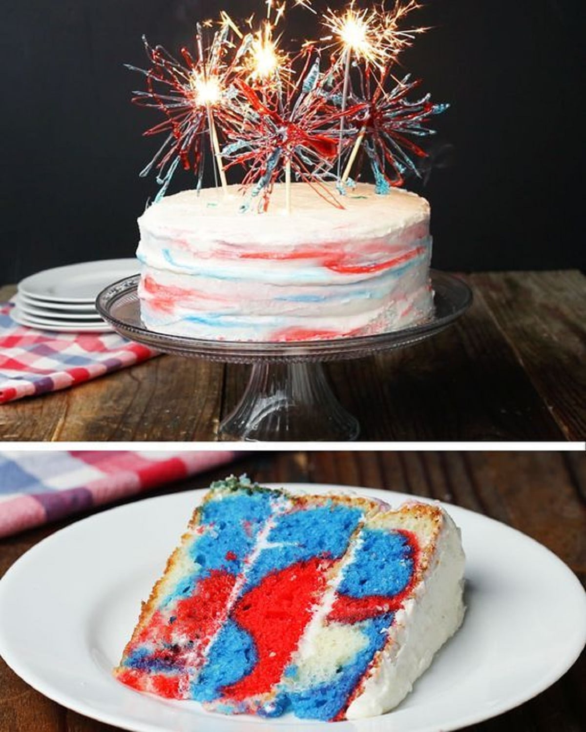 White layer cake collage showing slice with red and blue swirls