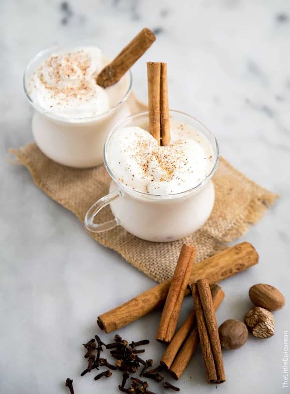 Milk Punch (Spiced Milk with Whiskey) topped with cinnamon
