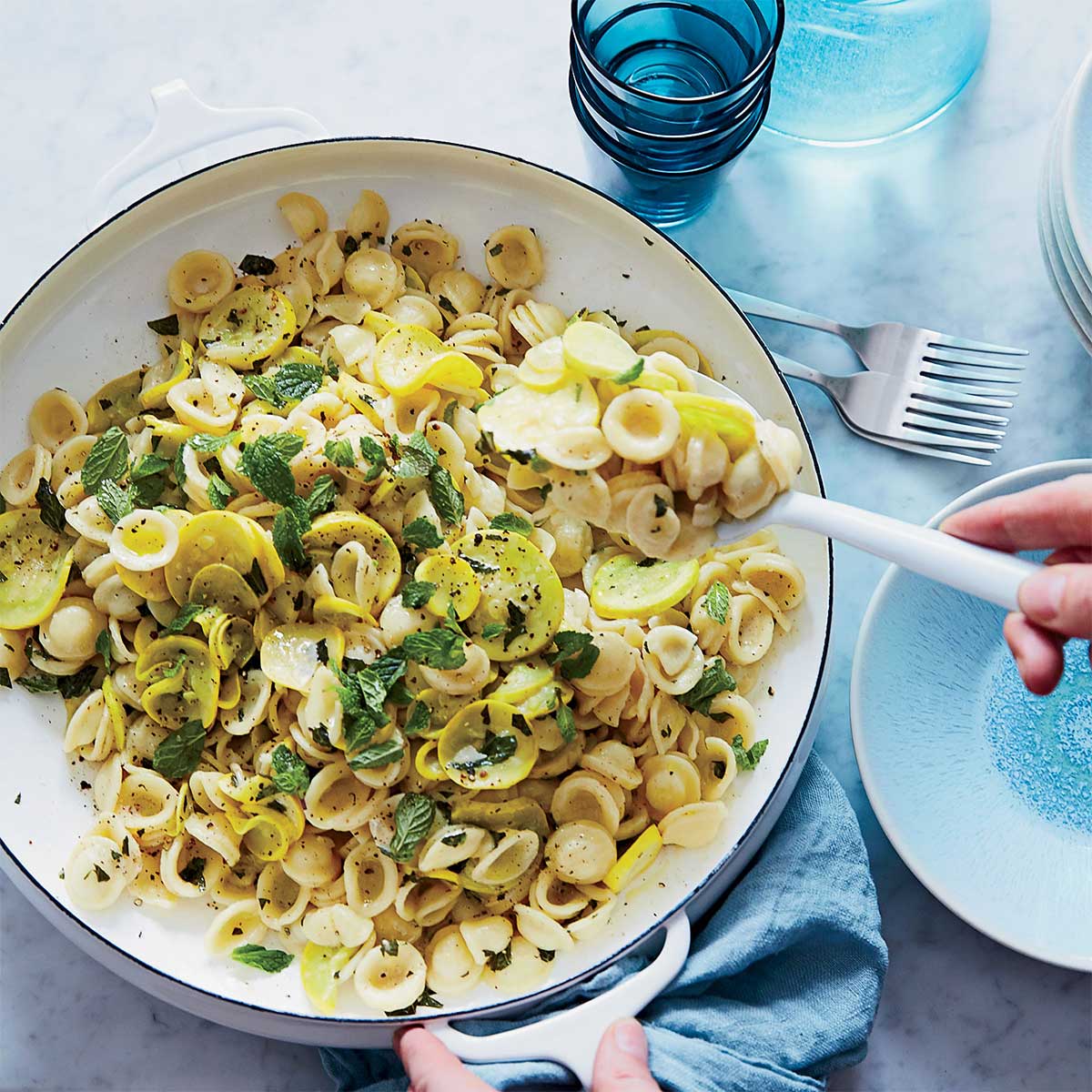 Orecchiette with Summer Squash, Mint, and Goat’s Cheese