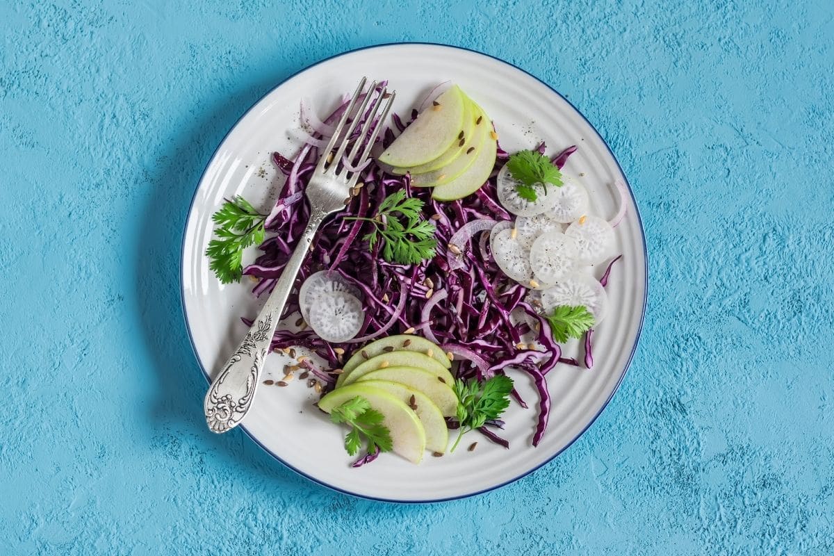 Red Cabbage and Apple Slaw with fork on a plate