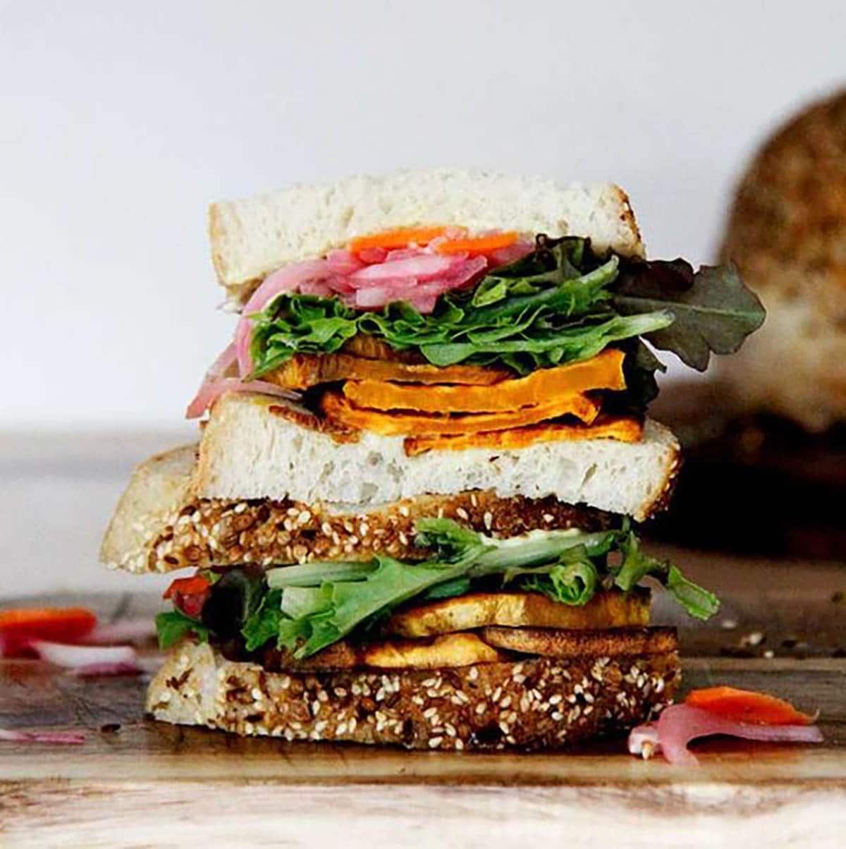 Roasted Sweet Potatoes, Pickled Beets, Aioli, and Goat’s Cheese Sandwich