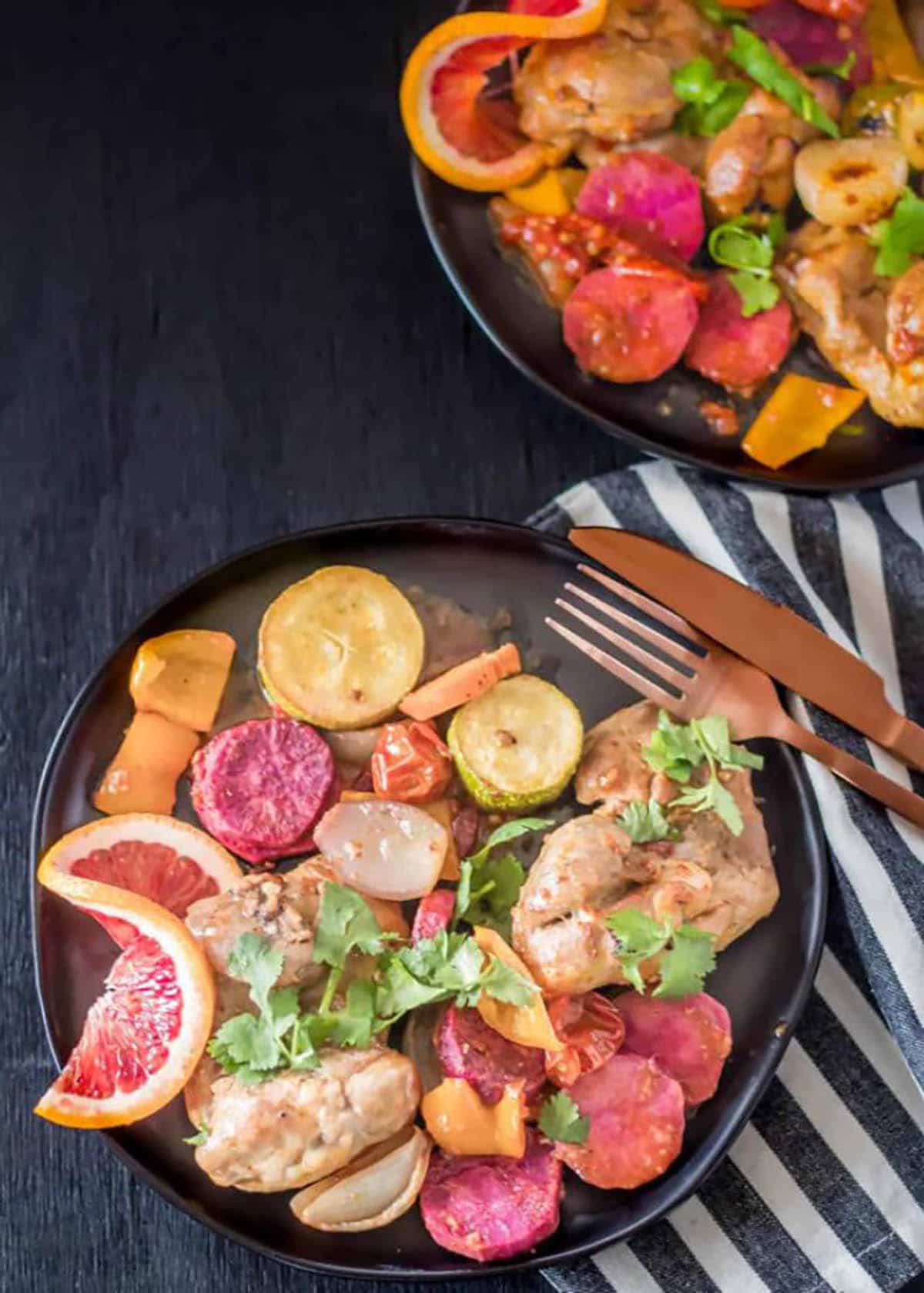 Sheet Pan Citrus-Chipotle Chicken Thighs on a plate