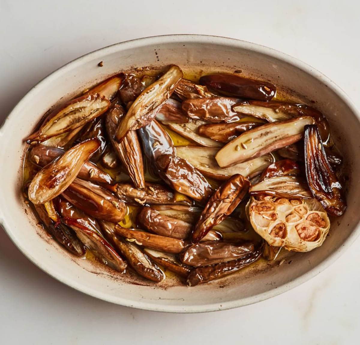 Slow Cooked Eggplant in a oval bowl