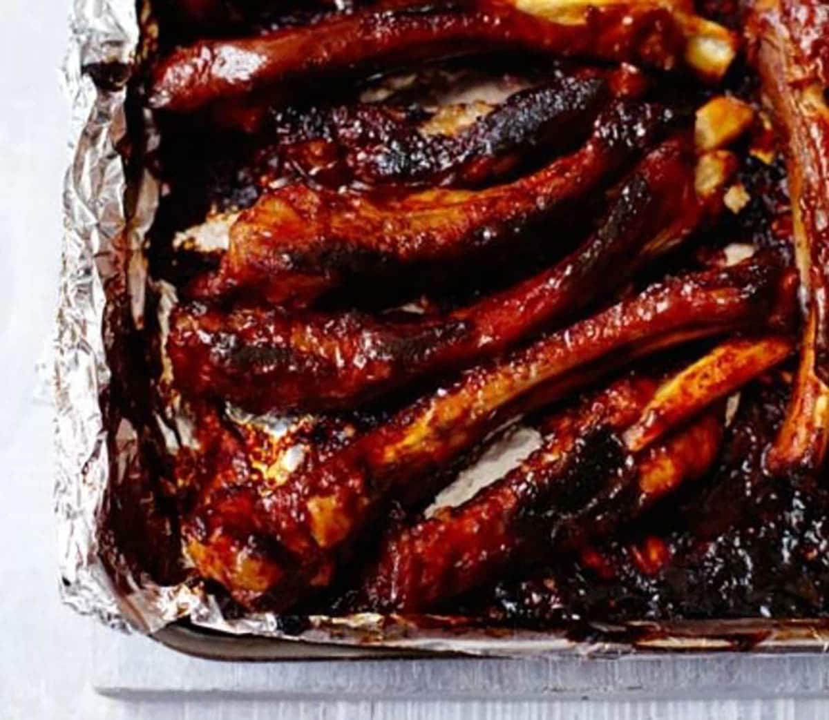 Sticky BBQ Ribs on a baking pan