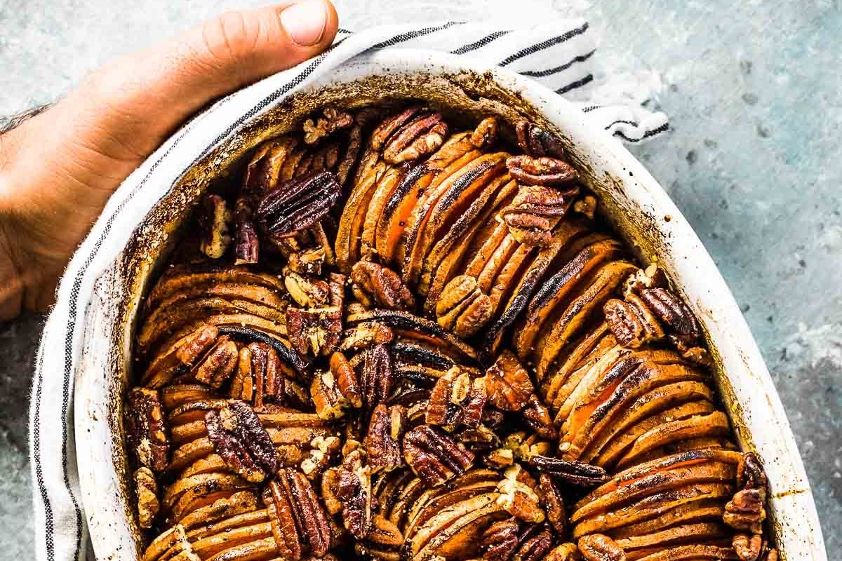 Sweet Potato Casserole with A Peppery Pecan Top