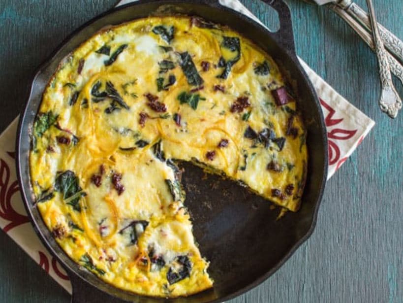 Swiss Chard and Golden Beet Frittata with Sun-Dried tomatoes, Fresh Thyme, and Habanero Jack Cheese