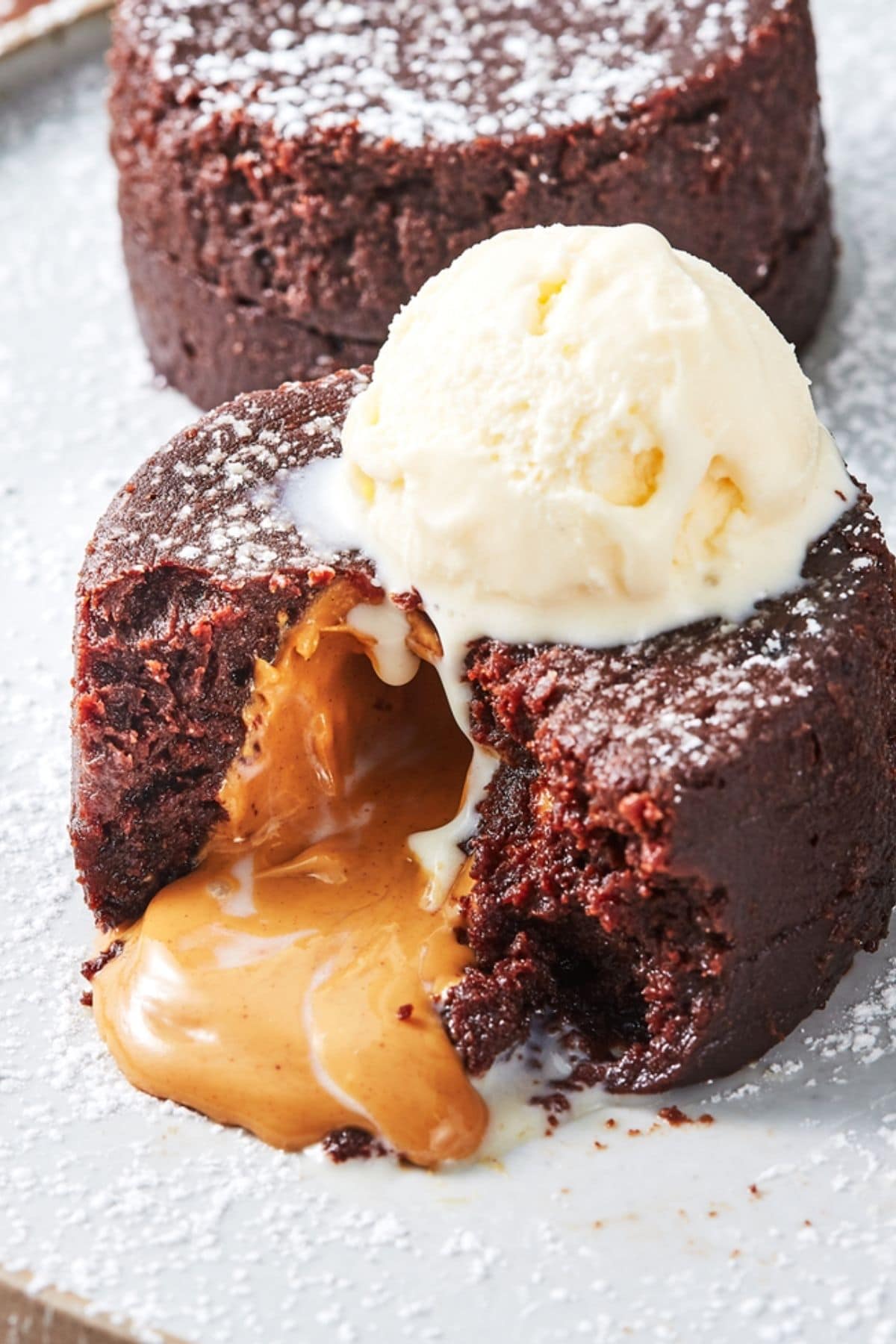 Peanut butter oozing out of chocolate lava cake
