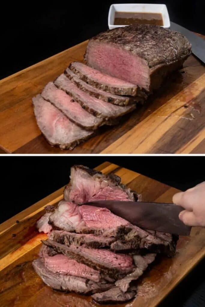Sliced beef roast on cutting board