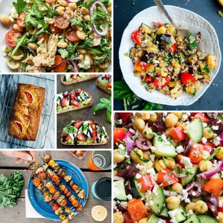 Collage image of recipes including salads and kabobs