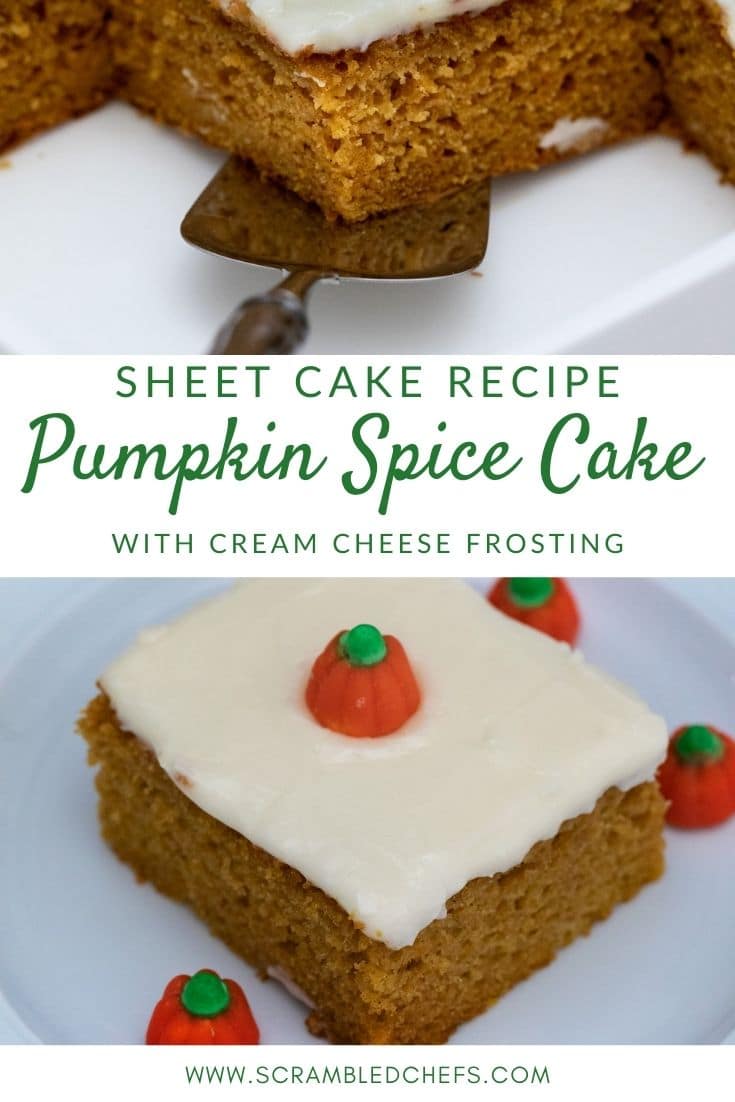Pumpkin cake collage image with white overlay and green lettering saying pumpkin spice cake
